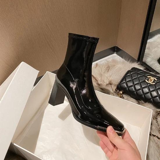 Square Metalic Toe Boots Woman  Shoes Winter Japanned Leather Chunky High Heels Ankle Botas Mujer Motorcycle Chelsea Booties