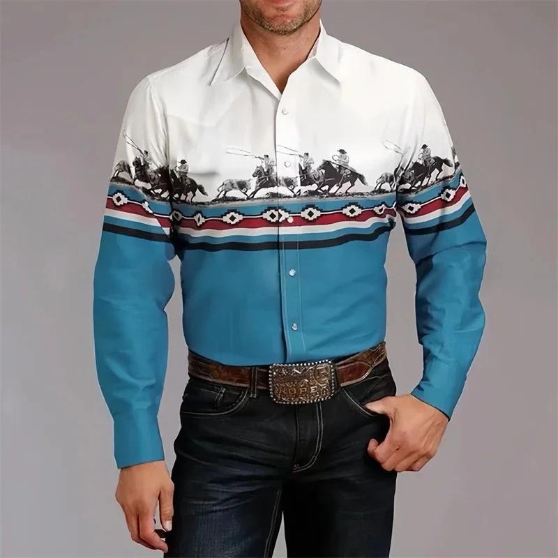 Western Style Long-sleeve Shirt, Men's Fashion Top with Geometric Pattern