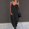 Women Summer Jumpsuit Loose Wide Leg Solid Color V Neck Low-cut Daily Wear Pockets Backless Plus Size Women Overall Lady Clothing