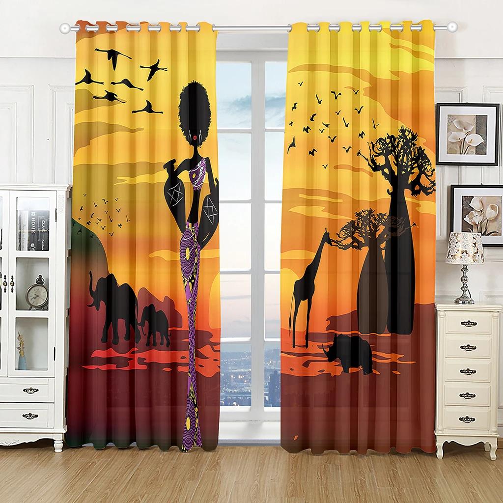 Kenya Nature Three African Woman Kitchen Curtains for Living Room Bedroom Decoration Curtains Drapes