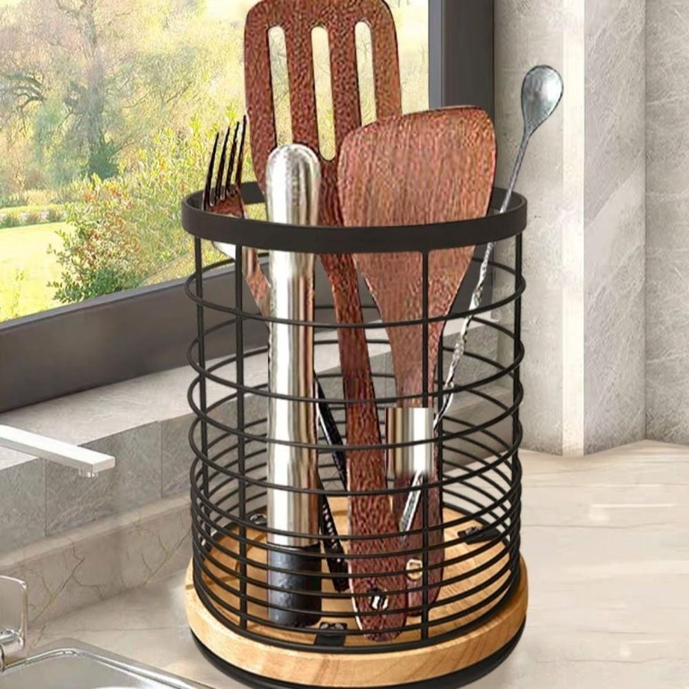 Wooden Base Kitchen Storage Bucket Drainage Hole Cooking Utensil Rack  Kitchen Storage