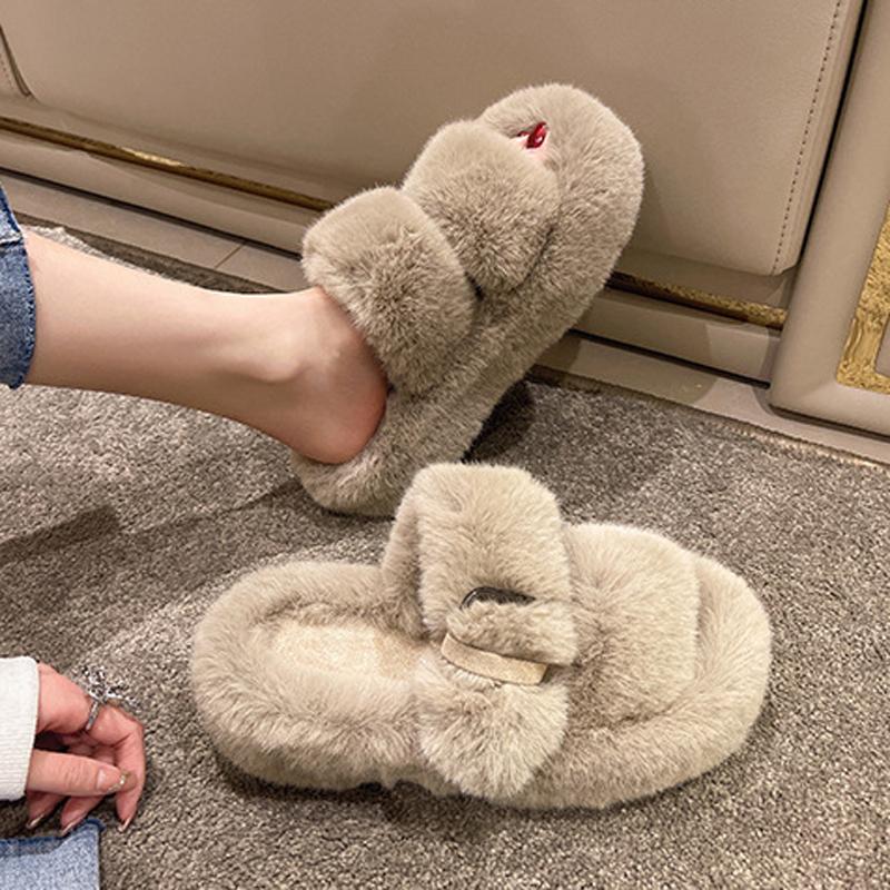 Fashion Fairy Girls Fur Pantuflas Women Big Size 42/43 Shoes Winter White Wool Slides Home Flats Platform Loafers Buckle Strap Sandals