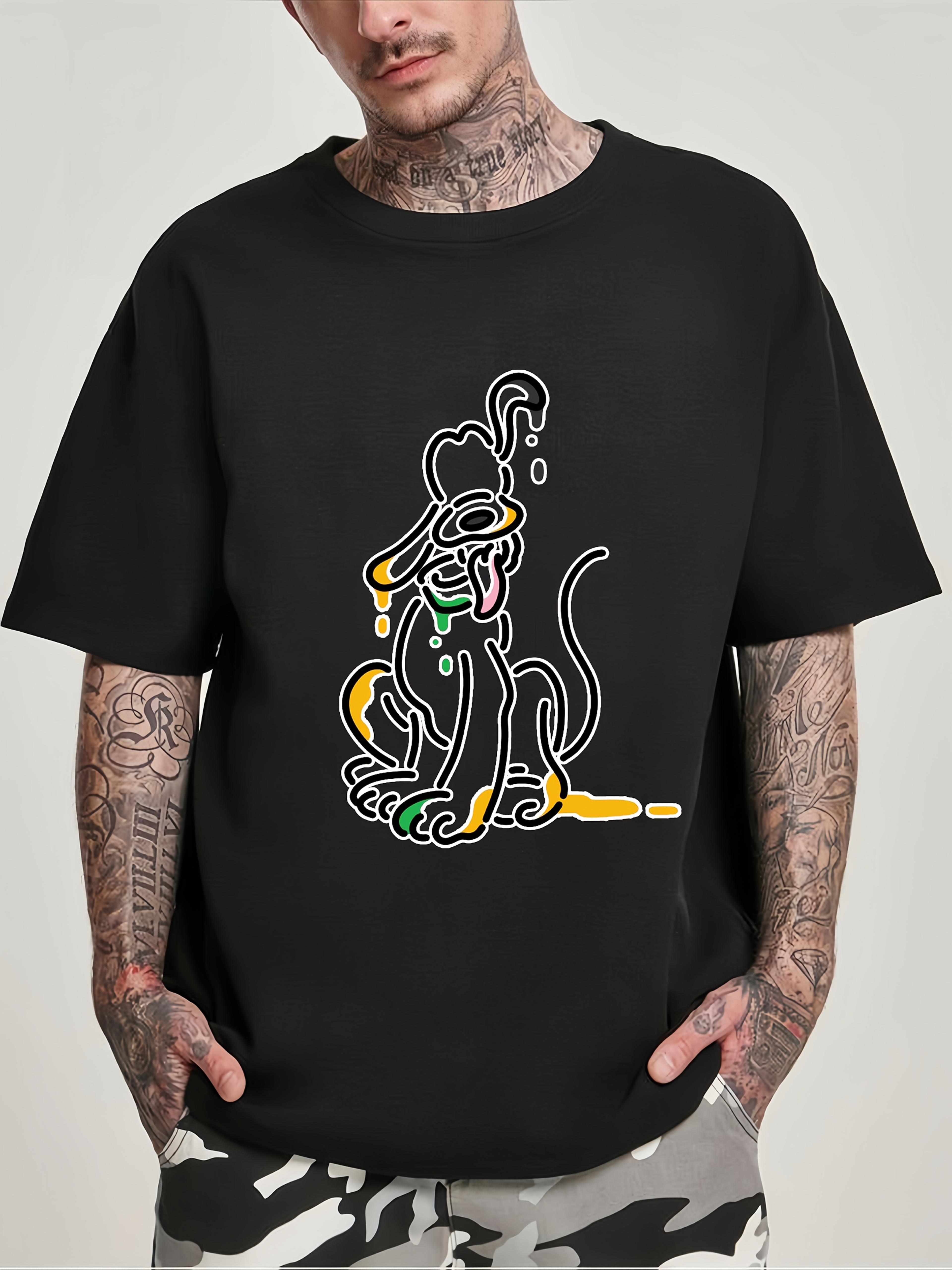 Black T-shirt with Colorful Cartoon Dog Design - Casual XXXL