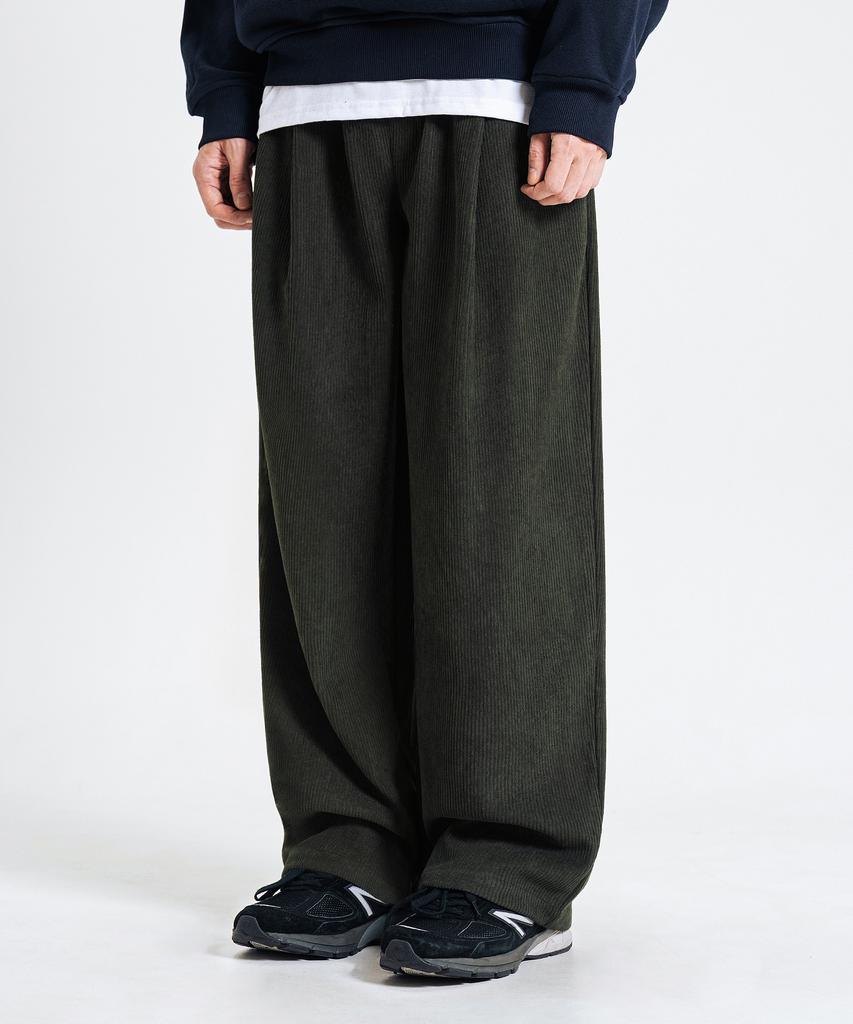 LEMAIN SECOND Single-Pleat Wide Corduroy Elastic Pants [Khaki]