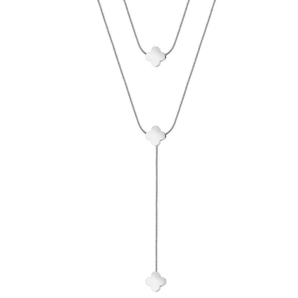 

EFFIE QUEEN Stainless Steel Flower Pendant Y-Shaped Double-Layer Necklace Flower Collar Women s Design Wedding Jewelry STKN32