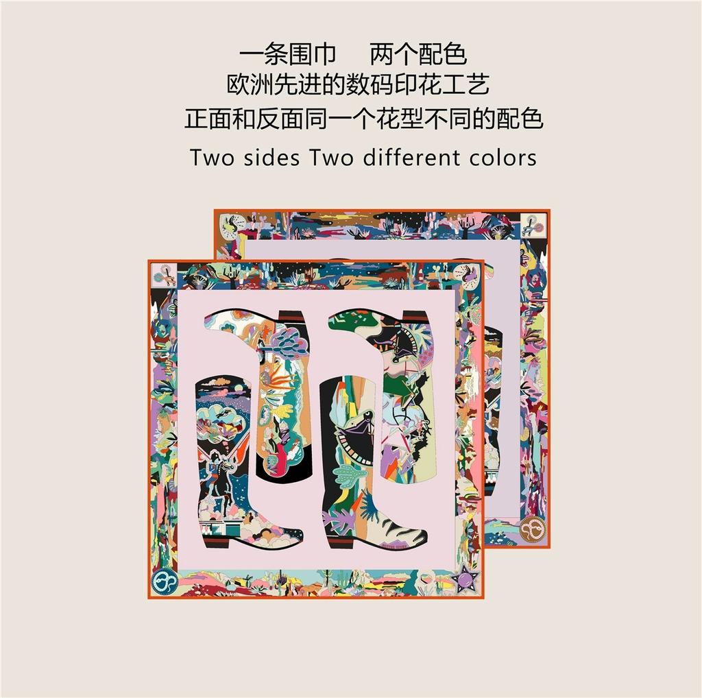 90cm Fashionable Women Versatile Decorative Rolled Edge Double-Sided Color Scarf  Boots Printed Square Handkerchief Neck Scarf