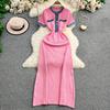 European and American Women's Clothing Summer New Denim Splicing Knitted Long Dress Tight Short-sleeved Waist and Thin Dress