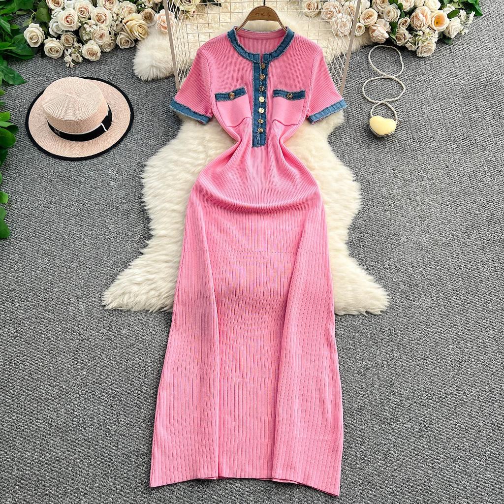 European and American Women's Clothing Summer New Denim Splicing Knitted Long Dress Tight Short-sleeved Waist and Thin Dress