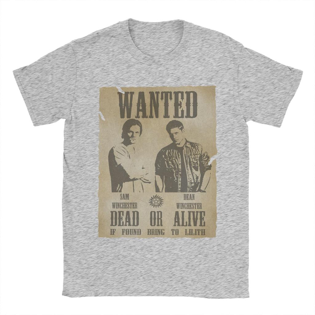 Men TShirts Supernatural Wanted Dead or Alive Humor 100 Cotton Tees Short Sleeve Winchester T Shirt Crew Neck Clothes Original