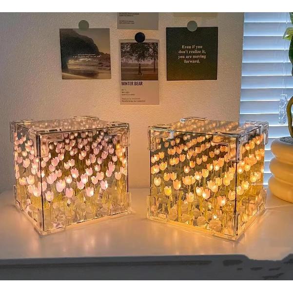 Blossom Box Tulips, Lampara De Tulipanes Infinitos, Tulip Lamp, Tulip Mirror Lamp, Tulipanes En Cajita De Cristal, Suitable for Bedroom, Living Room,
