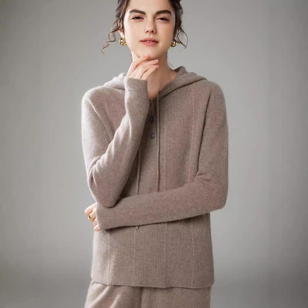 2024 Women's Cashmere Hooded Pullover: Loose Fit, Solid Color, Korean Style Autumn/Winter Sweater