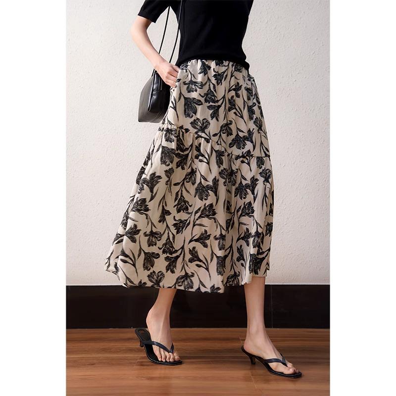 Spring 2025 A-line Printed Midi Skirt with Elastic Waist - QZE891127AL