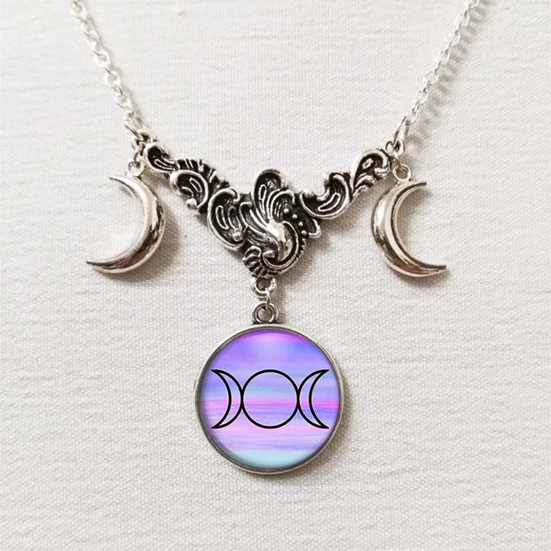 Retro Fashion Sliver Color Triple Moon Goddess Crescent Moon Crystal Glass Pendant Necklace for Women Amulet Charm Jewelry Gifts