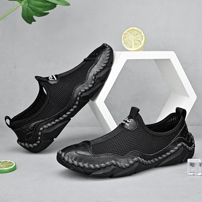 

Лето 2025 года, новые повседневные сетчатые туфли больших размеров, подошва сшита вручную, трендовые комбинезоны для отдыха на открытом воздухе, мужская обувь 38 чёрный