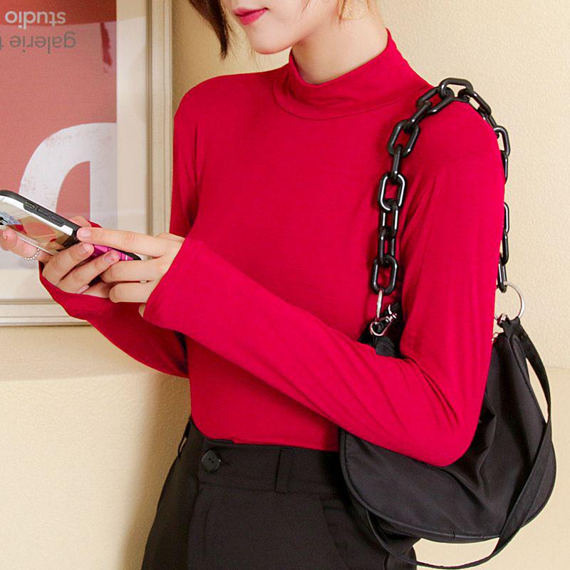 Spring Autumn 2025 Women's Modal Semi-High Neck Long Sleeve Solid Color Plus Size T-shirt - Versatile and Fashionable New Style