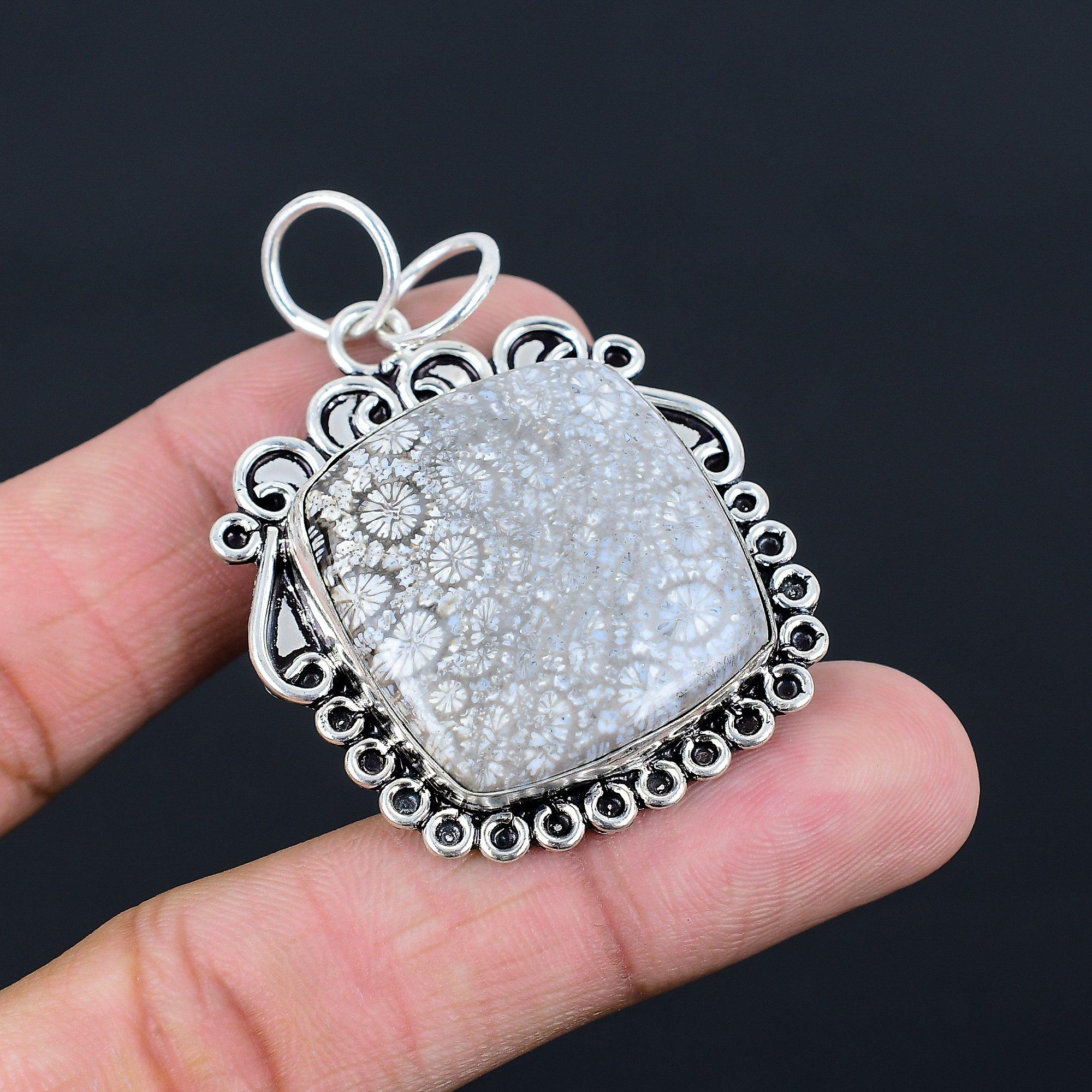 Подарок для женщин Ювелирное изделие Подвеска Стерлинговое серебро 925 пробы Натуральный окаменелый коралл Драгоценный камень