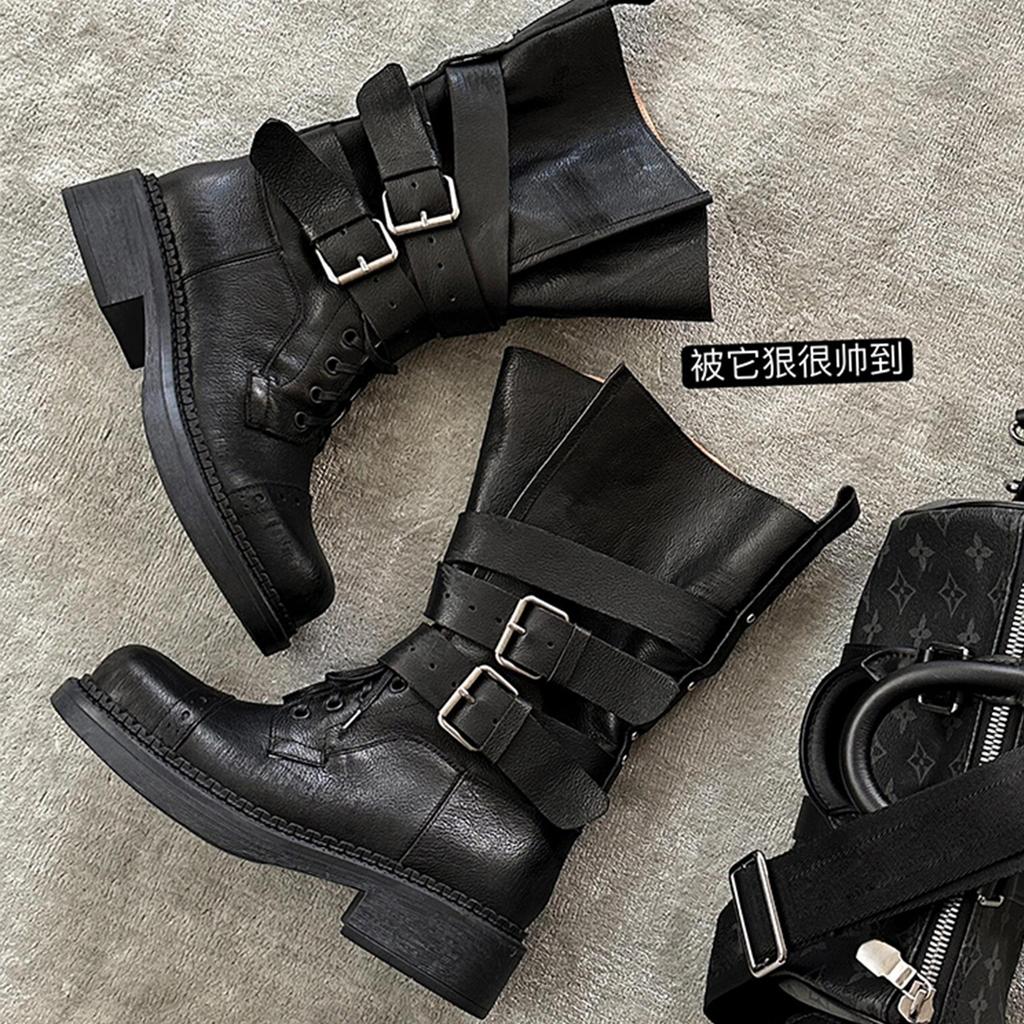 Cowhide version~ Wasteland handsome locomotive women's boots genuine leather wide tube Martin boots women's winter thick heel medium tube knight boots