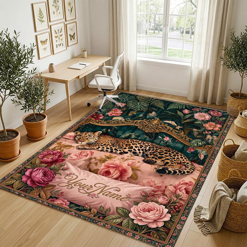 Leopard Floral Theme Soft Crystal Velvet Rug Custom Name & Text Print Non Slip Floor Rug for Bedroom Living Room