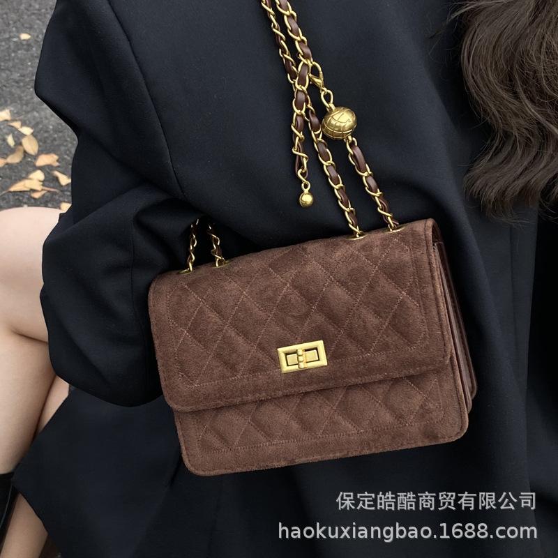 Suede Bag Women's 2025 New High-end Retro Diamond Chain Single Shoulder Underarm Bag Crossbody Small Square Bag