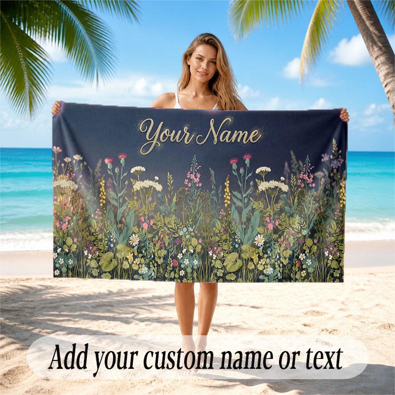 Floral Garden Theme Soft Beach Towel Personalized Custom Name Text Towel Portable for Beach Pool Travel