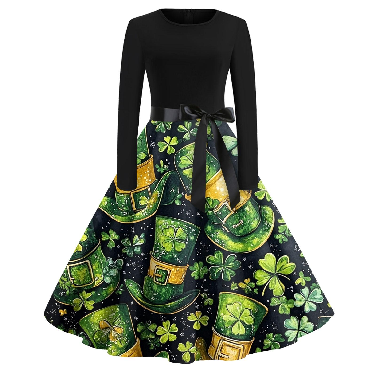 

Жіночі сукні Модні повсякденні тонкі сукні з круглим вирізом St. Сукні з довгими рукавами з принтом до Дня Патрика M помаранчевий