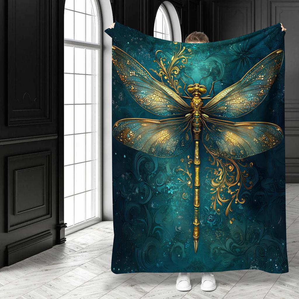 Luxury Gold Dragonfly Vintage Pattern Throw Blanket - Elegant Art Deco Motif Soft Lightweight Accent for Sofa Bed Travel Gift