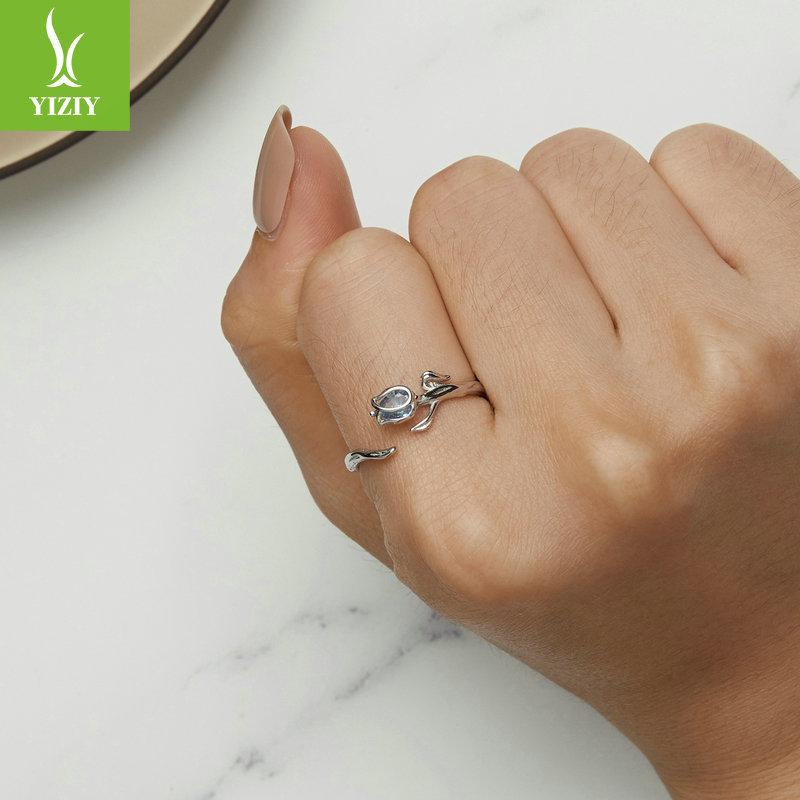 Blue Tulip Open Ring Women'S, Niche Premium Elegant Wind 925 Sterling Silver Ring Jewelry