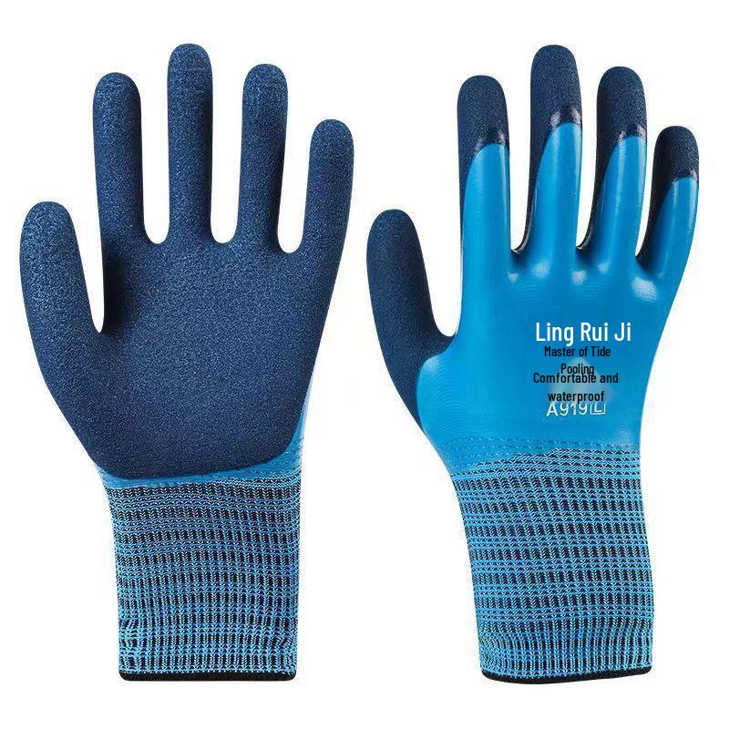 Double-Layer Waterproof Anti-Slip Wear-Resistant Rubber Work Gloves for Shellfish Gathering with Thickened Nylon.