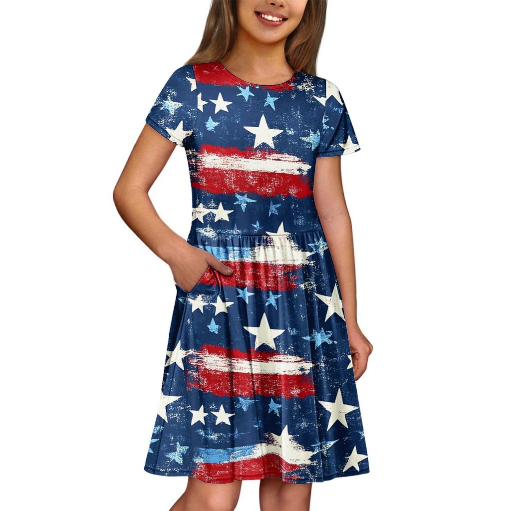 Dziewczęca Letnia Sukienka Jednolity Kolor i Nadruk Bez Rękawów Sukienka z Kieszenią Sukienka Codzienna Krótki Rękaw Sukienka na Imprezę