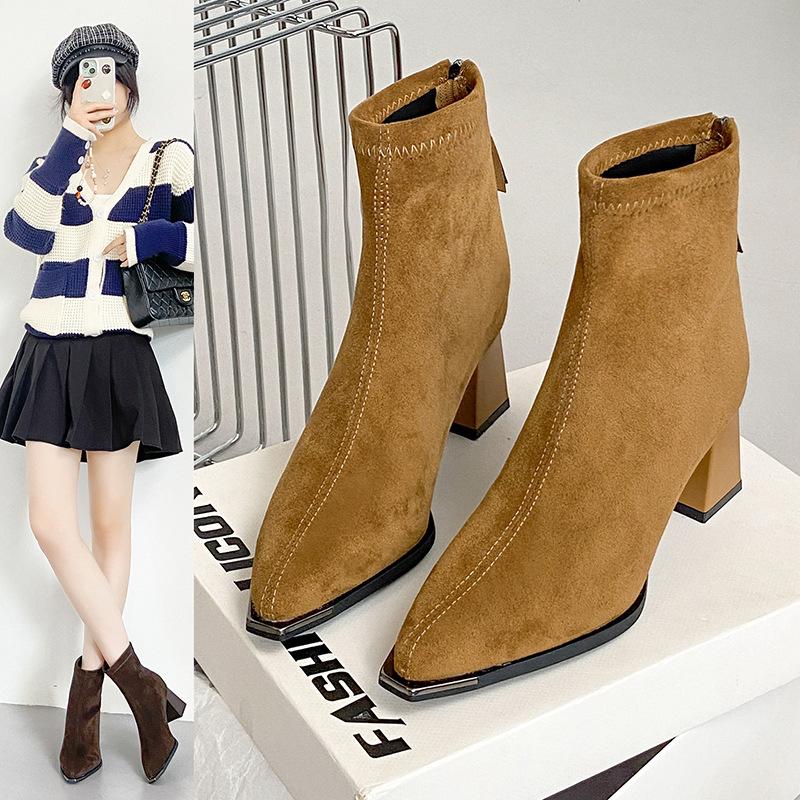 French retro suede short boots women's autumn and winter new thick heel thin Martin boots versatile high heel 