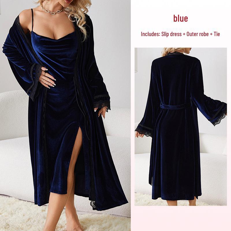 Fiyun Elegant Velvet Nightgown with Sexy Slit and Backless Design - European & American Style Home Set 651
