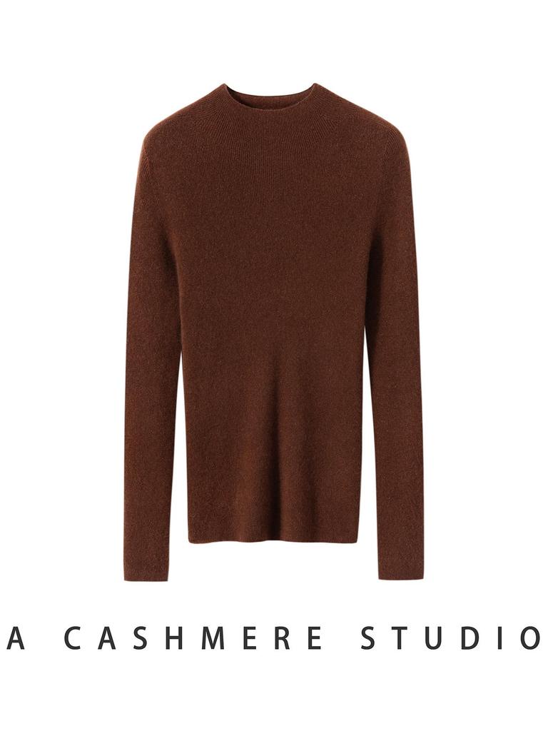 Women's Pure Cashmere Sweater - Half-High Neck, Slim Fit, Solid Color, Long Sleeve Pullover Knitwear, Perfect as a Base Layer for Autumn and Winter.