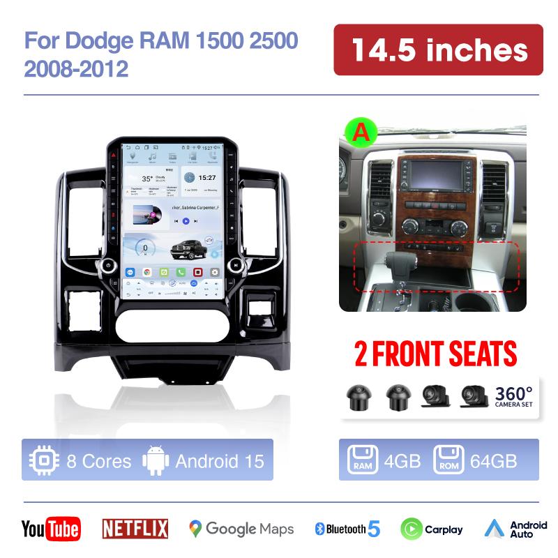 14.5 & 12.1 inch For Dodge RAM 1500 2500 2008-2012 Car radio multimedia GPS navigation Android 15 auto Carplay 360 camera 4G
