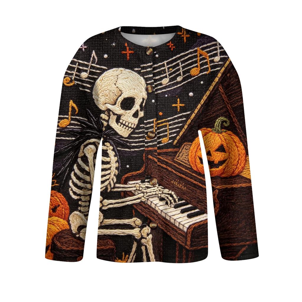 Women's Halloween Long Sleeve Knit Cardigan Button Up Sweater Skeleton and Pumpkin Musical Print Lightweight Outerwear for Fall and Winter