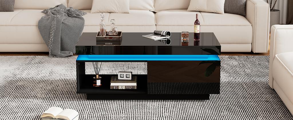 Modern High-gloss Coffee Table with LED Lighting, 100x50x40.3 Cm – Elegant Table with Drawer and 50 Kg Load Capacity