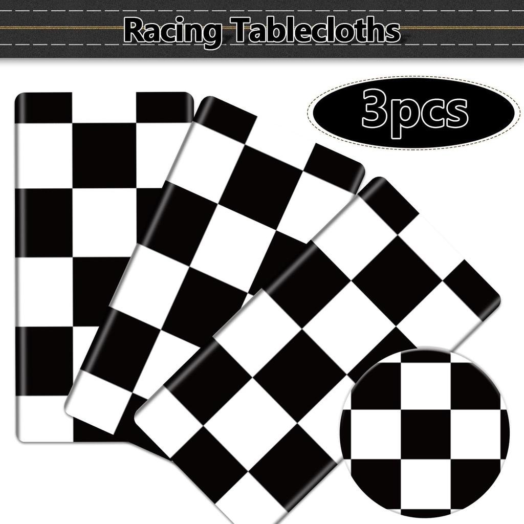 Racing Car Tablecloths for Round Table, Plastic Black Racetrack Tablecover for Kid's Birthday Racing Car Theme Party Fast One Two Fast Party, 84 x