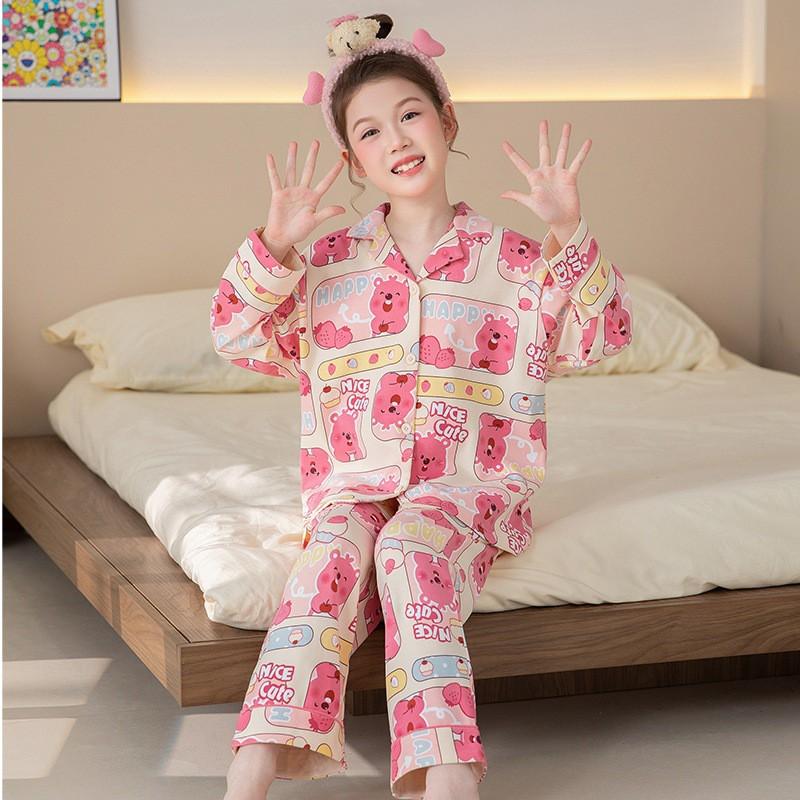 Girls Cotton Pajama Set With Collar Long Sleeve Cartoon Print Fall Kids Sleepwear Comfortable Home Outfit