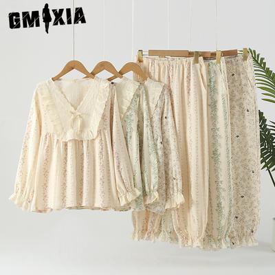 Sanftes Damen-Blumenmuster Reines Baumwollgarn Locker Doppellagige Gaze Hausbekleidung Pyjama-Set für den Herbst Langärmlig Outdoor-Bekleidung Pyjama-Sets