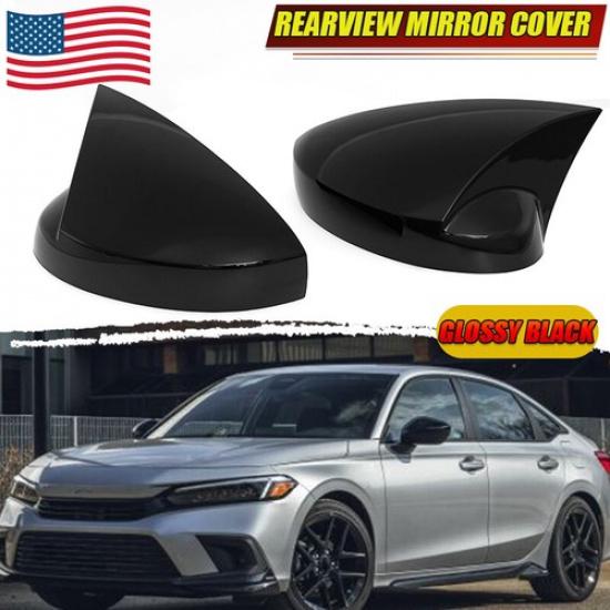 2X For Honda 11th Civic - Gloss Black Ox Horn Side Mirror Cover Cap Trim