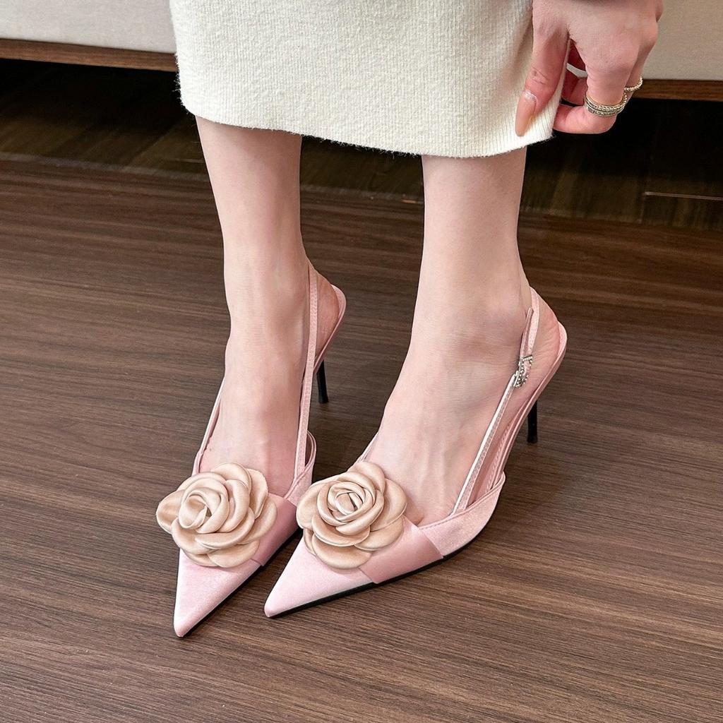 Fashion High-heeled Sandals Women's Summer Pointed-toed Stiletto Satin Rose High-end Heels Women
