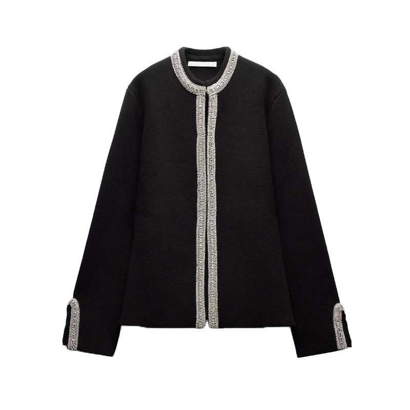 

Fall and Winter New Women s Clothing Fashion Style Beads String Wool Blend Long Sleeves round Neck Jacket Outwear 4192116 Black L