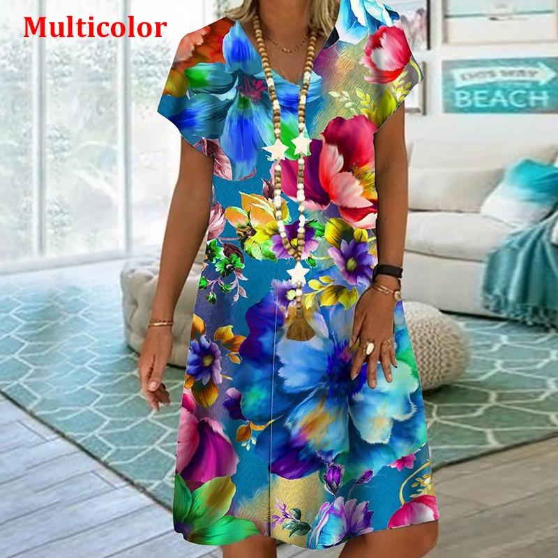 Plant Flowers Colorful 3D Printing Dress For Summer 2022 Women Vintage Short Sleeve Loose Dress Casual V-Neck