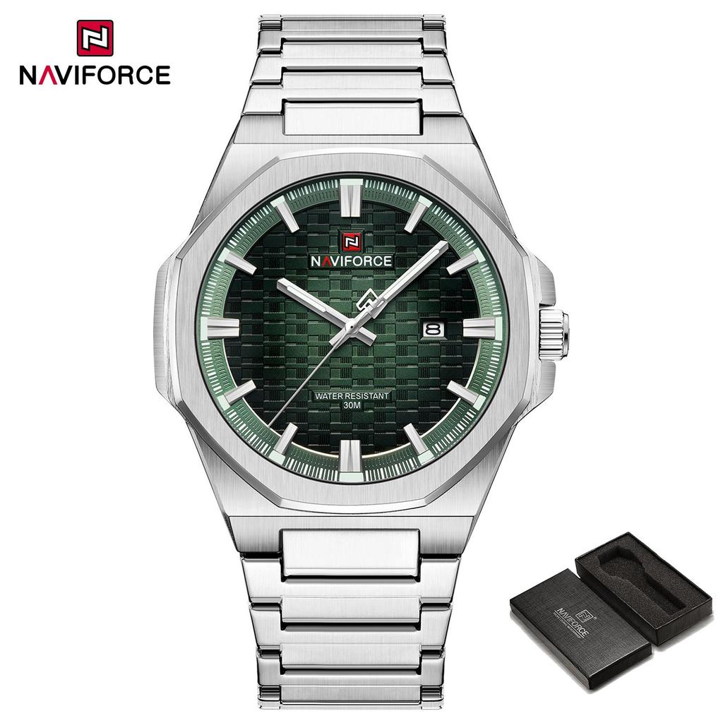 NAVIFORCE Simple Watch for Men Stainless Steel Strap Calendar Movement Luminous Pointer Waterproof 3ATM Casual Fashion Men's Watch NF9245