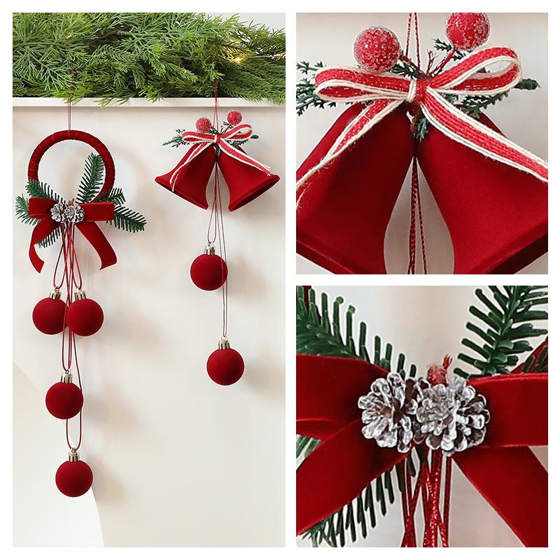 New Year's Decor Christmas Tree Ornaments Red Flocking Bow Wreath Bell Ball Christmas Decorations for Home Party Hanging Decor