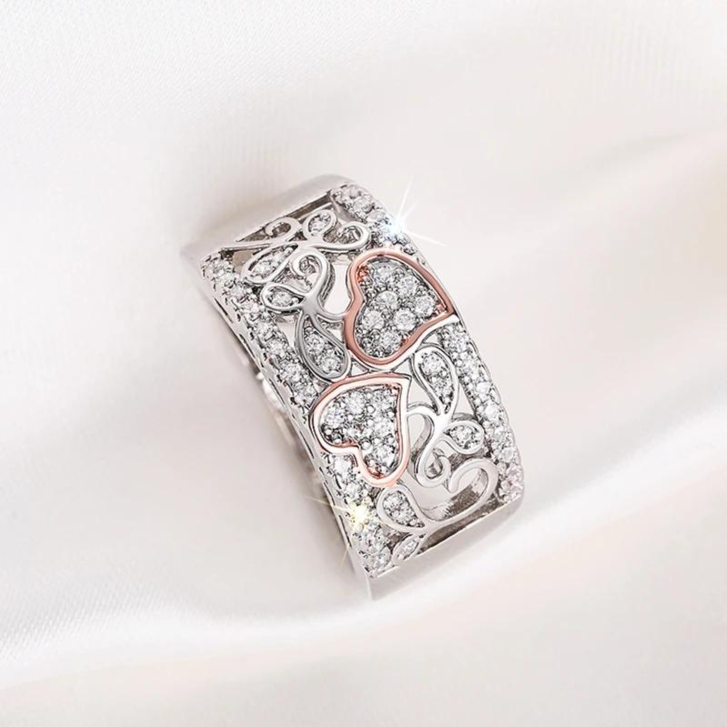 Huitan Einzigartiges Design Doppelherz Zweifarbige Ringe Damen für Verlobung Hochzeit Wunderschöne Brillante CZ Ringe Luxuriös Trendig