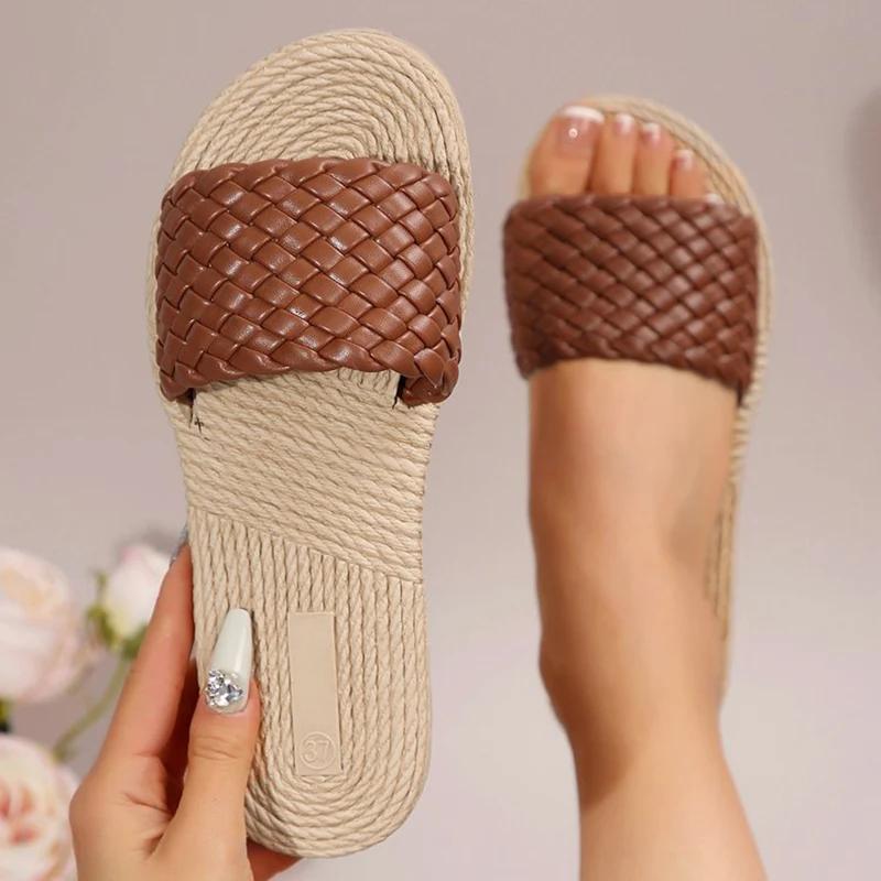 

Fashion Fashion Braided Pu Leather Slides Women Plus Size Open Toe Flat Sandals for Woman Summer Comfotable Slip On Slippers Mujer 43 коричневый