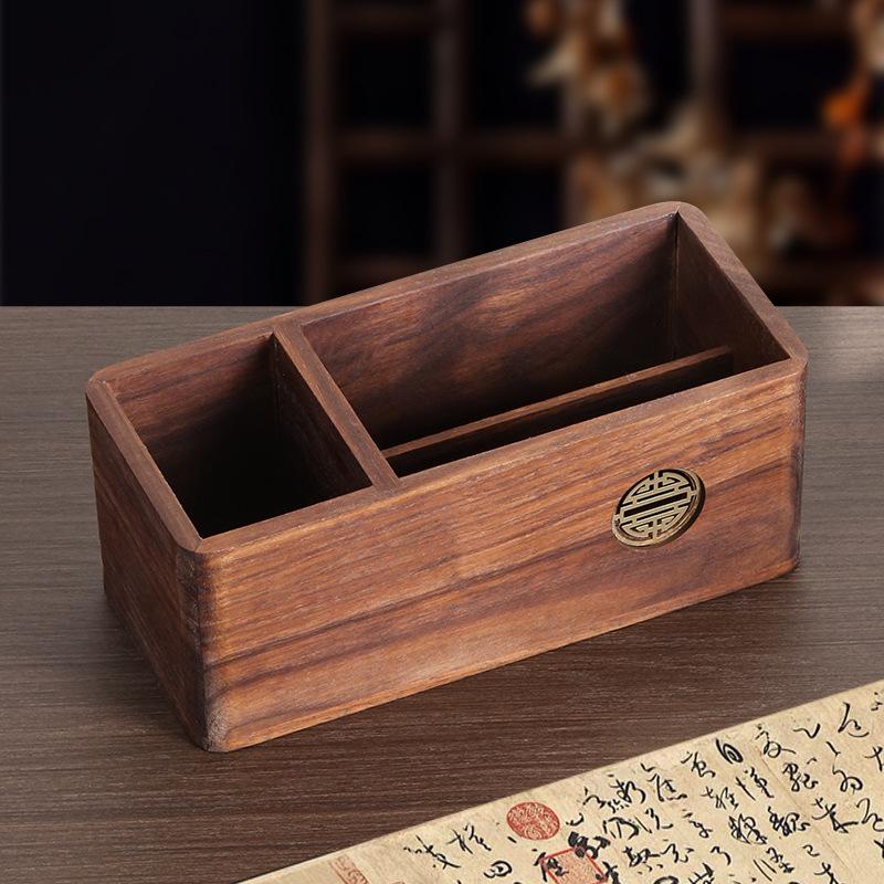 Solid Wood Pen Holder Gift Box, Retro Chinese Style Desktop Organizer