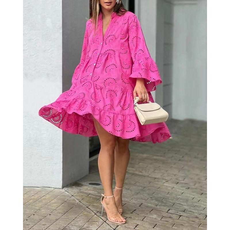

Fashion Spring and Summer Solid Color and V-neck Loose Embroider Cutout Lace Flower Sexy Dress Rose Red L
