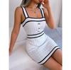 Casual Spring Summer Wrapped Square Neck Dress Colored Knitted Waist Button Collar