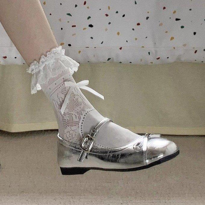 Silver Shallow Mouth Wind Flat Single Shoes Female Summer Round Head Mary Jane Shoes Fashionable and Comfortable